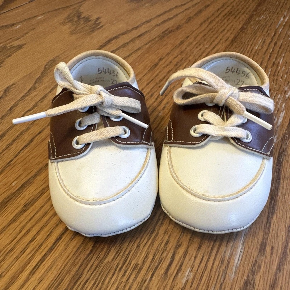 Vintage Brown White Baby Saddle Crib‎ Shoes Size 2 1950's